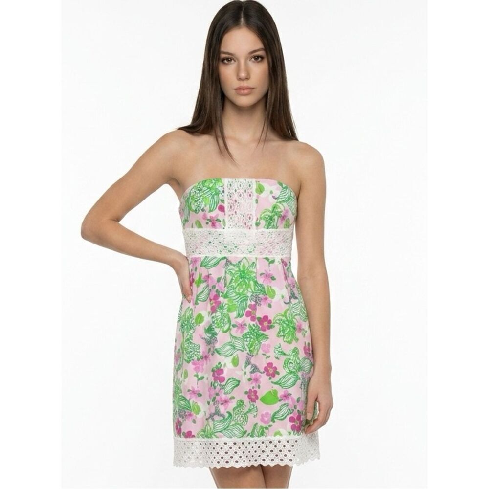 LILLY PULITZER | Floral Strapless Pink Green Dress Lace Trim Women’s Size 2